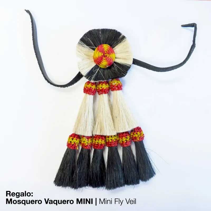 Mosqueiro vaqueiro mini com franjas coloridas e tiras para amarrar sobre fundo branco