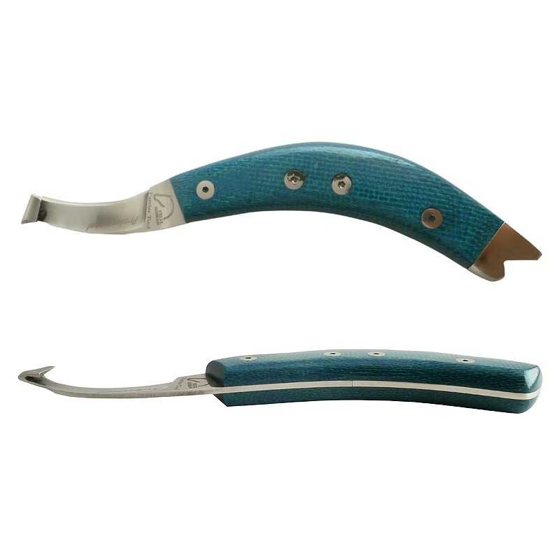 Instrumentos com pega azul e lâminas metálicas curvas