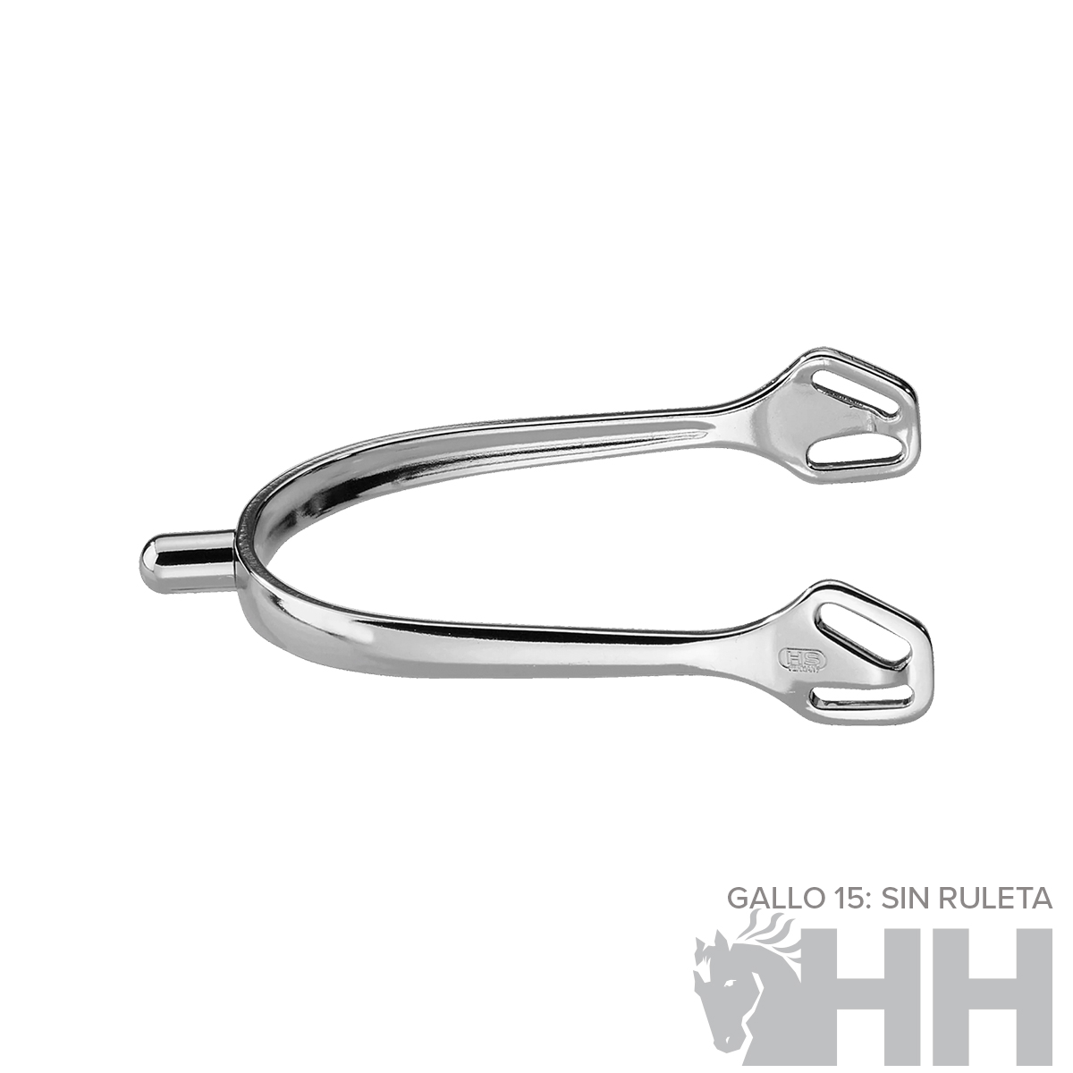 Espora metálica prateada com furo e acabamento brilhante