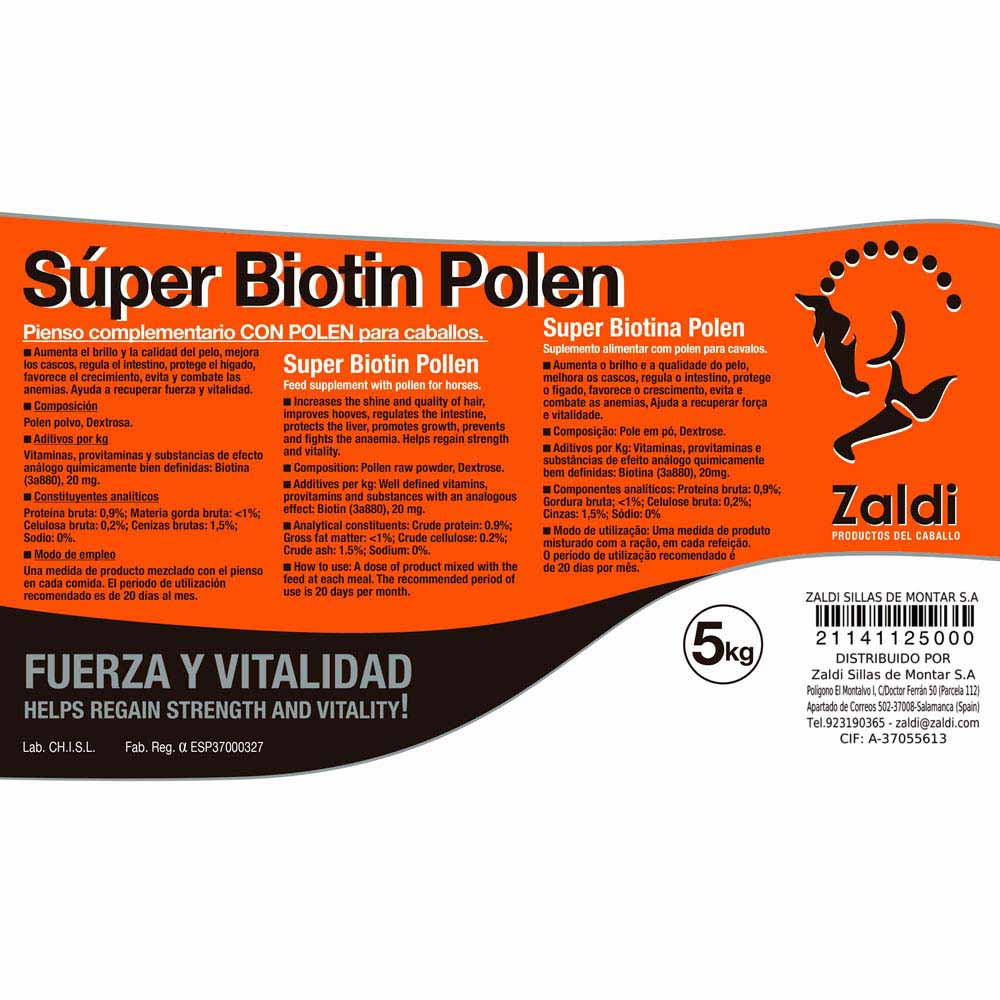 Etiqueta de suplemento alimentar para cavalos Zaldi Super Biotin Polen 5 kg