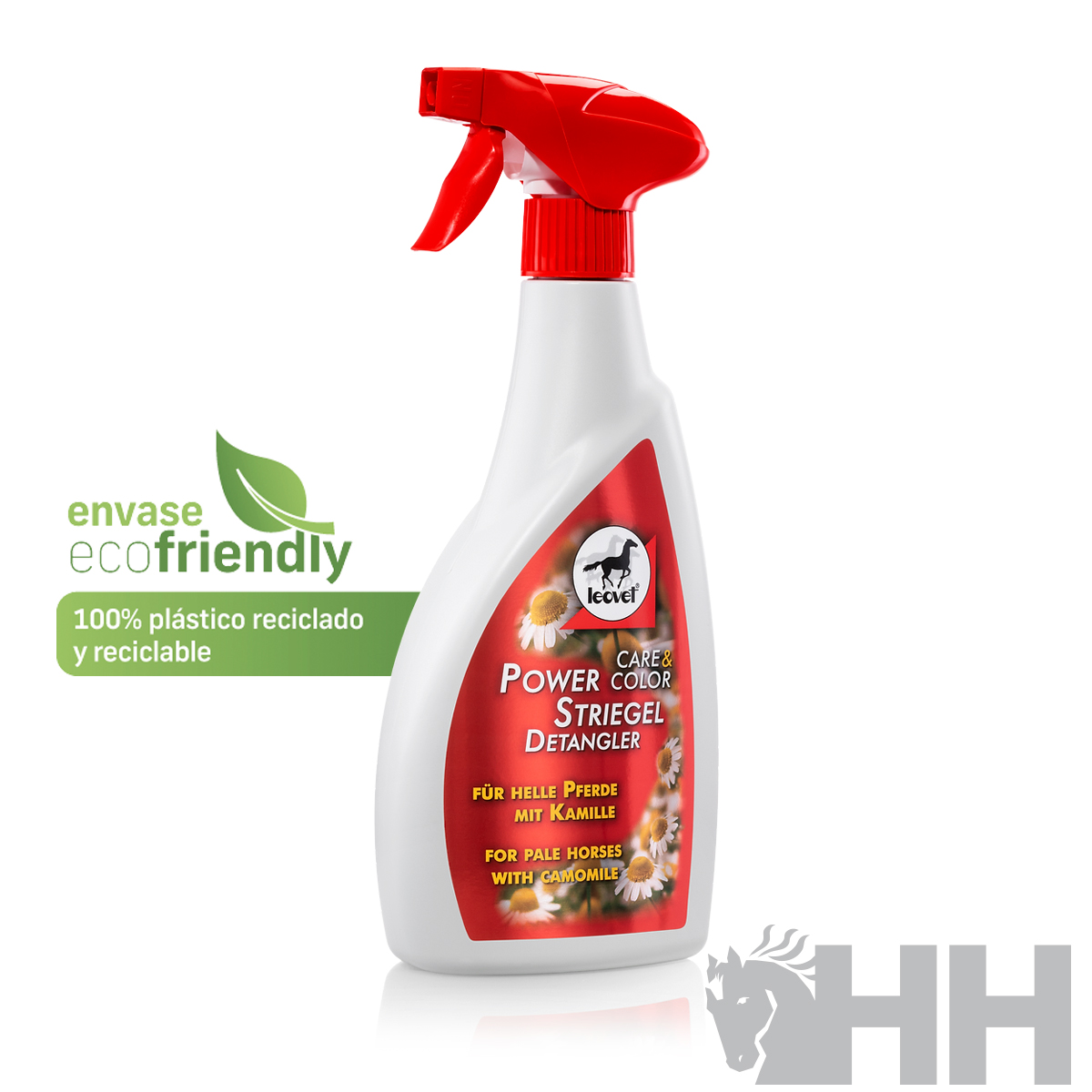 Frasco spray branco e vermelho para cuidados equinos com selo ecofriendly e texto bilingue