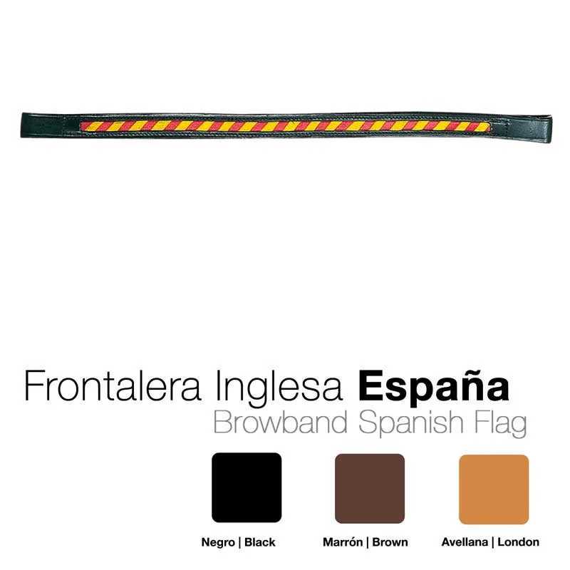 Frontalera inglesa com padrão da bandeira espanhola em vermelho e amarelo com borda preta