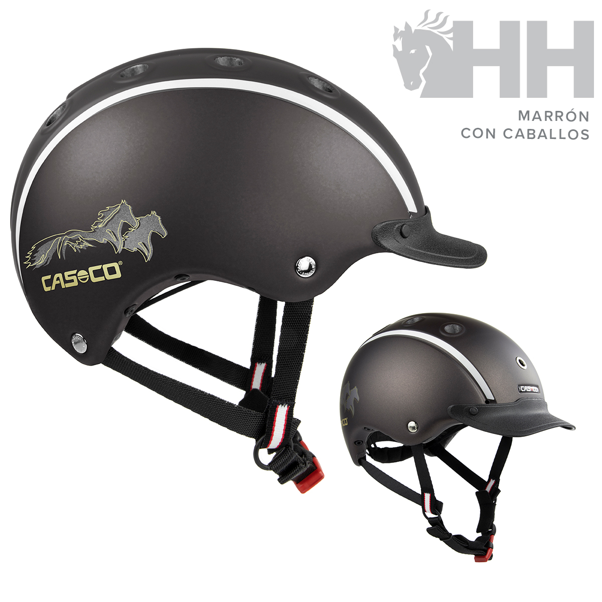 Capacete de equitação castanho com cavalos dourados