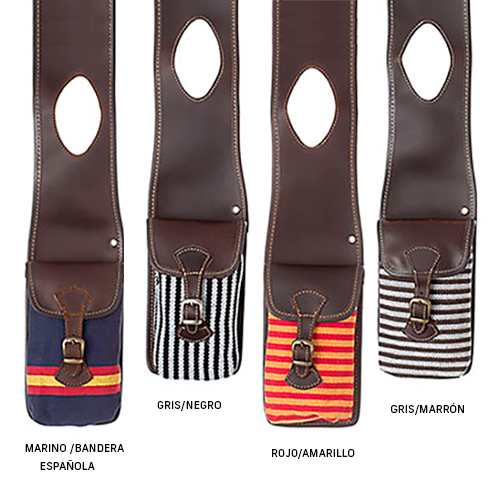 Correias de guitarra em couro castanho com bolsos de padrões às riscas e cores variadas.