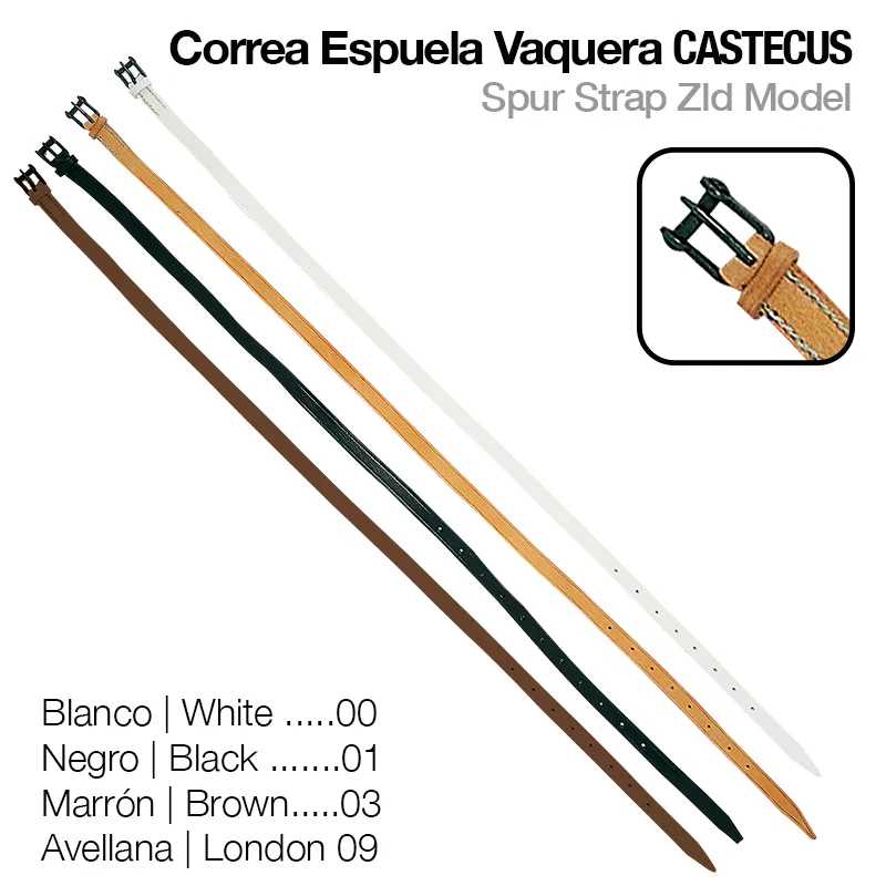 Quatro correias de espuela em branco, preto, castanho e avelã com fivelas pretas