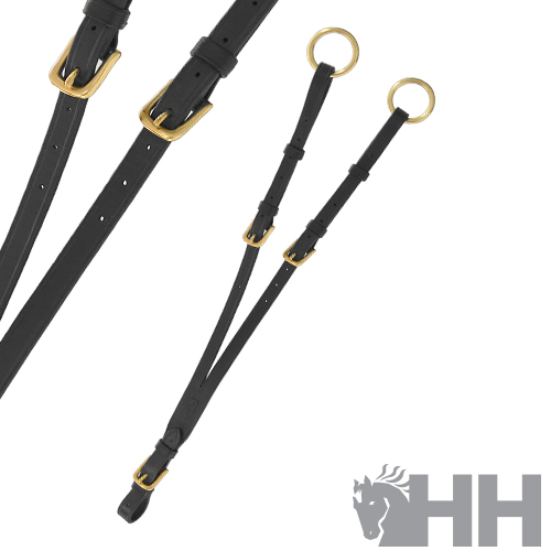 Correias pretas de couro com fivelas douradas e argolas metálicas com logótipo HH