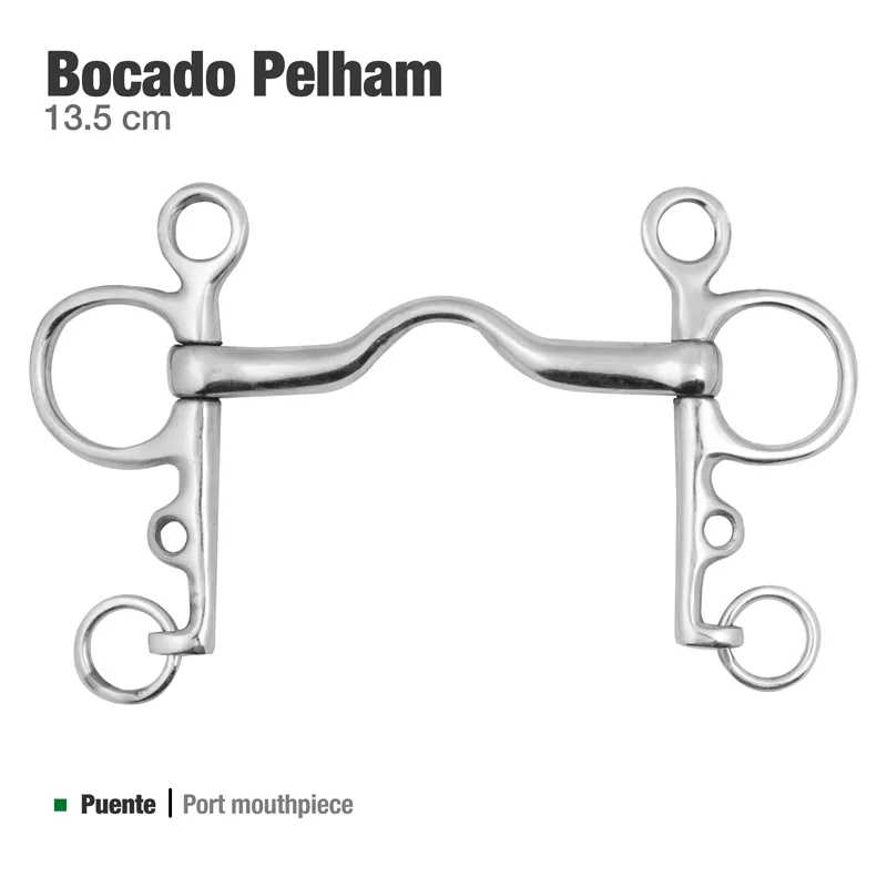 Bocado Pelham metálico prateado com argolas, 13.5 cm