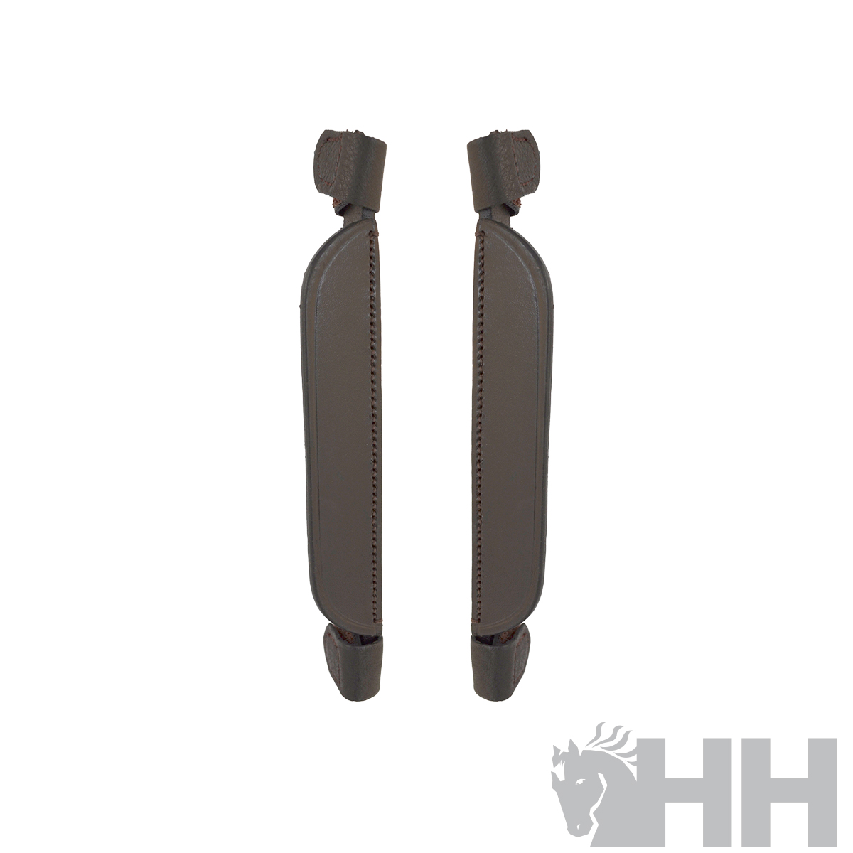Par de proteções castanhas para espáduas de estojo de armas com costuras e fixações em tecido.