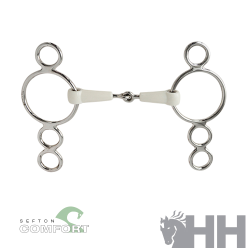 Freio metálico com partes em plástico branco e três argolas em cada lado