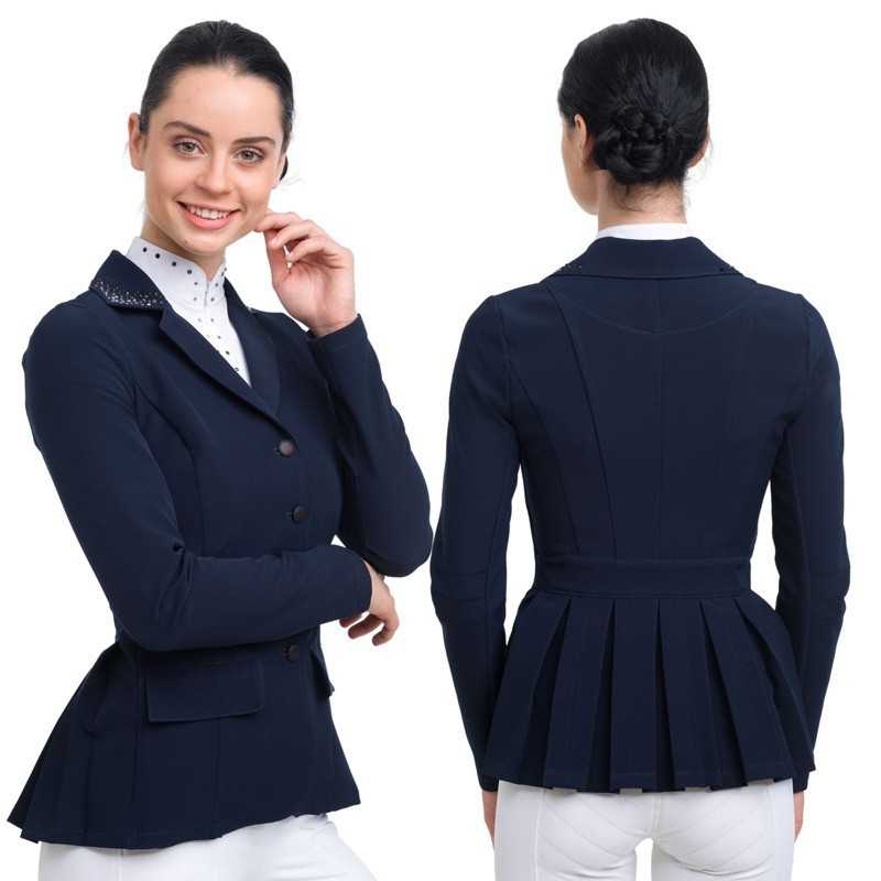 Blazer feminino azul escuro com saia pregueada nas costas e botões pretos