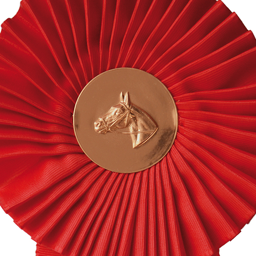 Roseta de prémio vermelha com medalhão de cavalo em relevo bronze