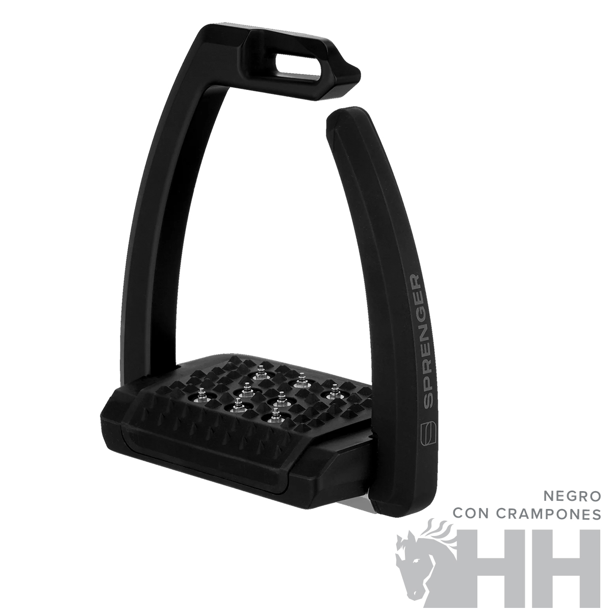 Estribo de equitação preto com crampões metálicos e logo HH