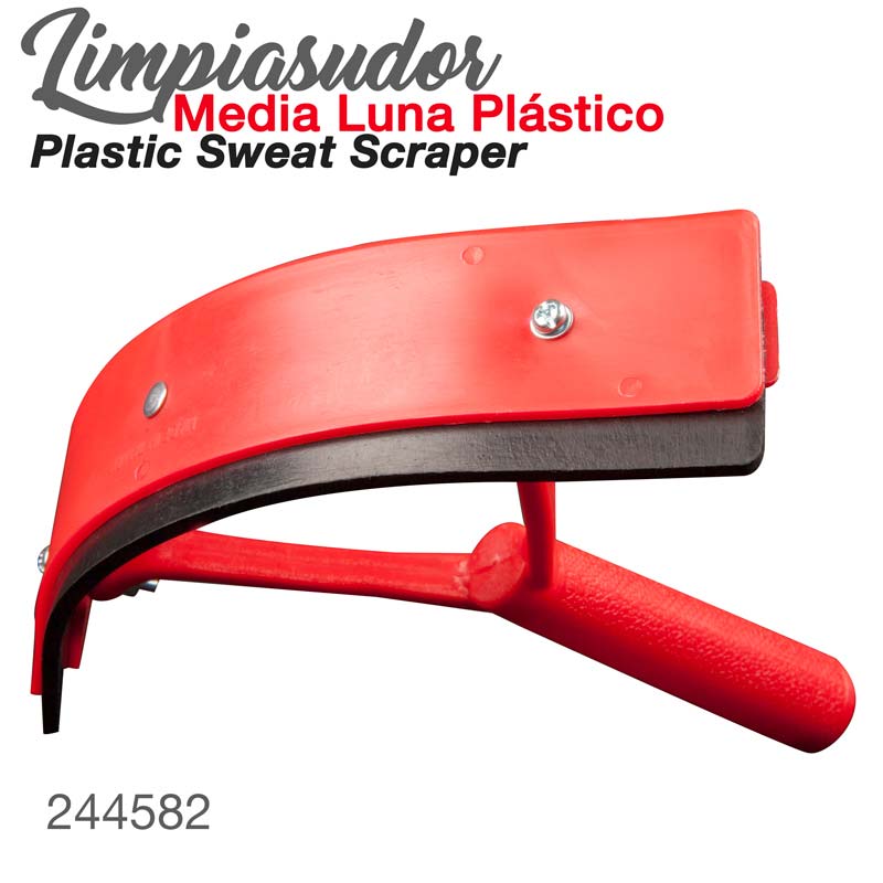 Raspador de suor de plástico vermelho com lâmina preta e texto descritivo