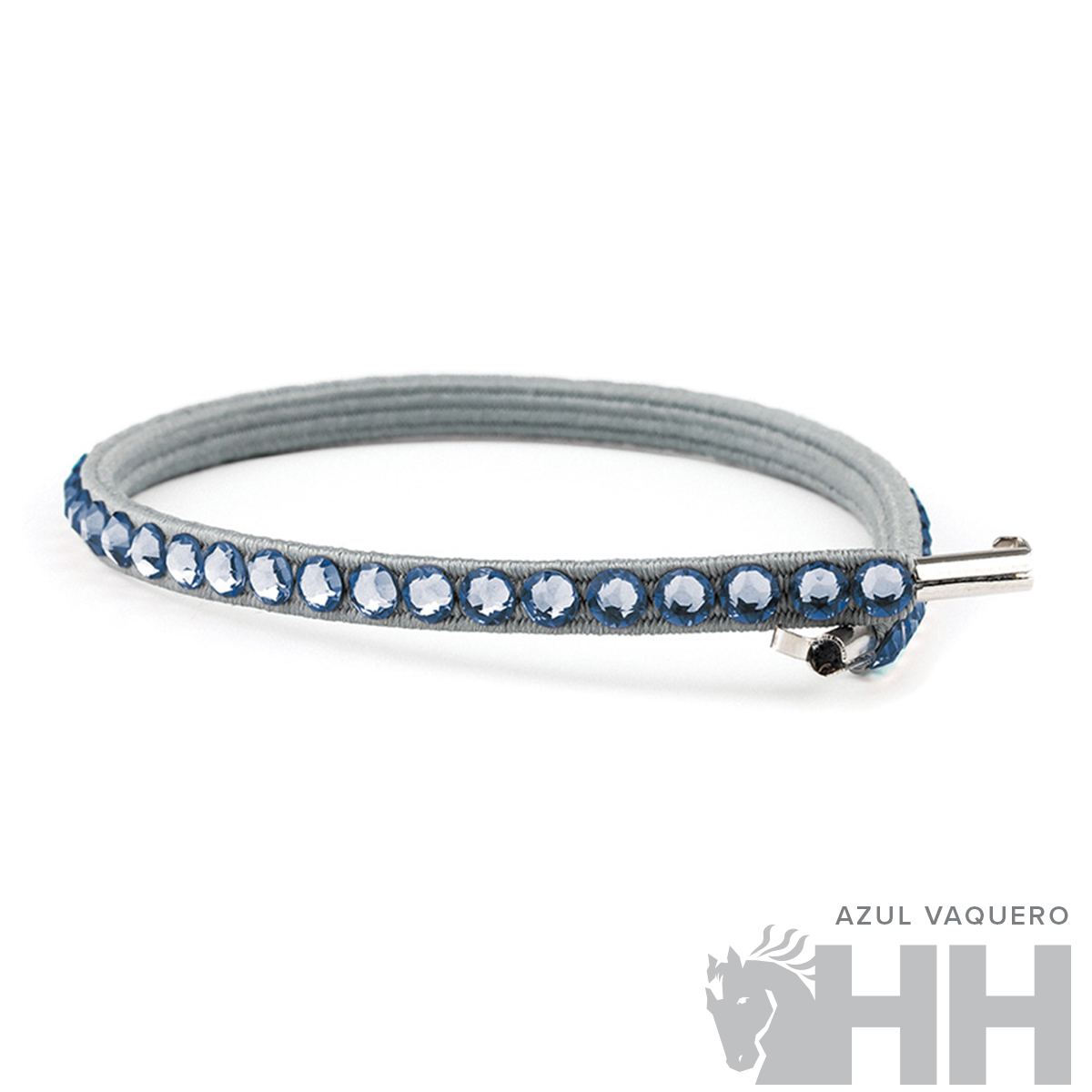 Pulseira azul com pedras brilhantes e fecho metálico