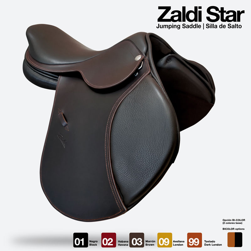 Sela de salto em couro castanho escuro com texto Zaldi Star