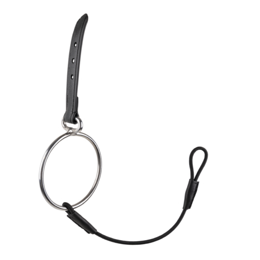 Correia preta de couro com fivela e anel metálico prateado