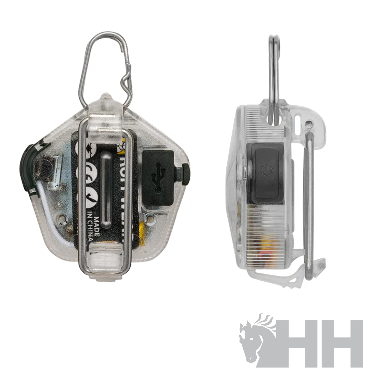 Dois dispositivos transparentes com bateria aparente e gancho metálico