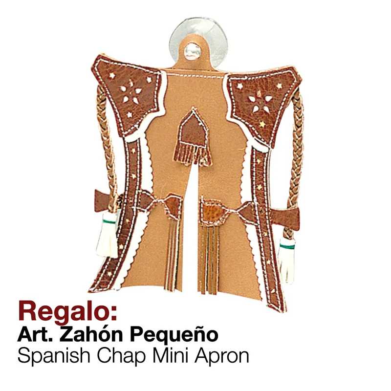 Avental pequeno tipo chap espanhol castanho com franjas e detalhes brancos