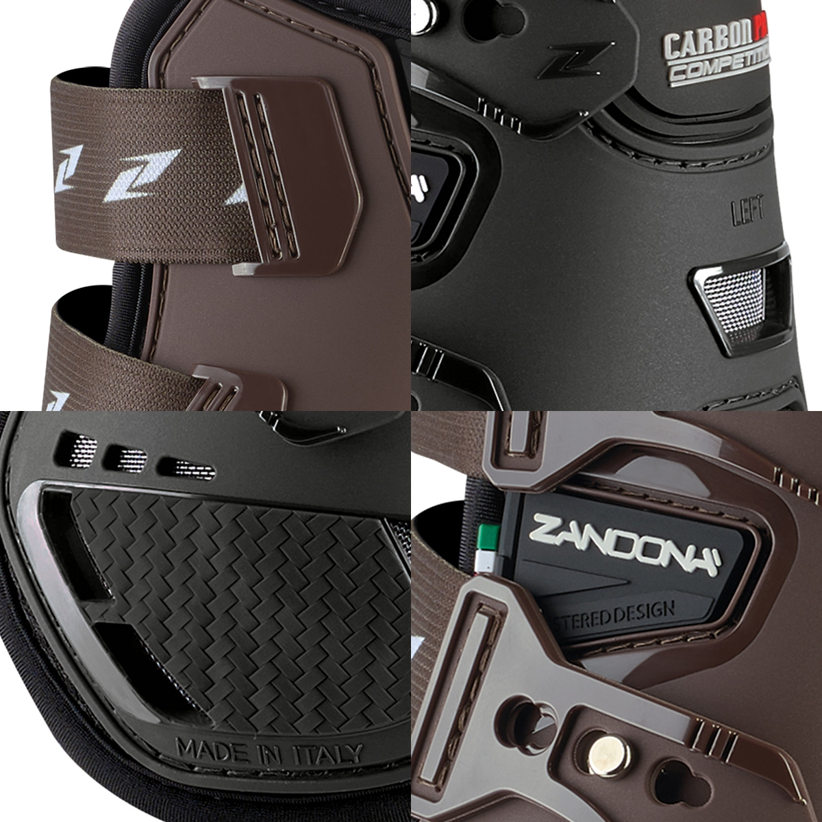 Detalhes de equipamento desportivo preto com correias marrons e texto ZANDONÀ