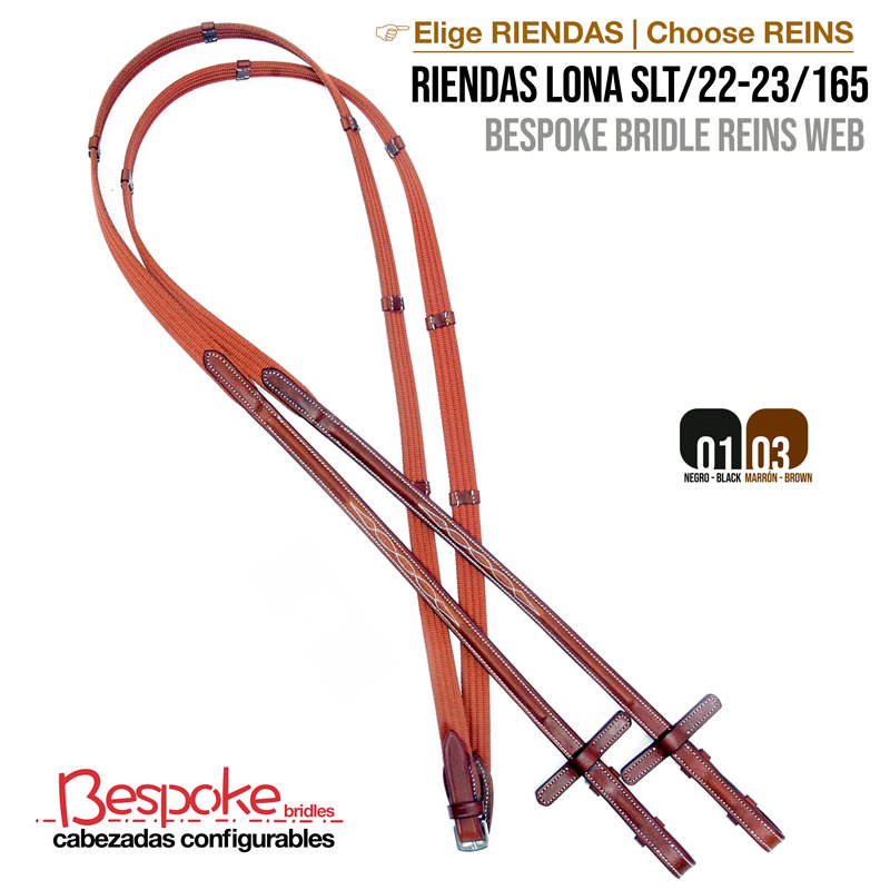 Rédeas de lona castanha com detalhes em couro castanho escuro sobre fundo branco
