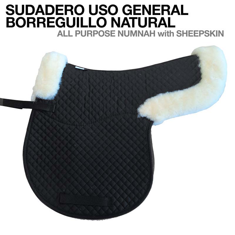 Suddadero preto acolchoado com pelúcia branca nas bordas e texto descritivo no topo