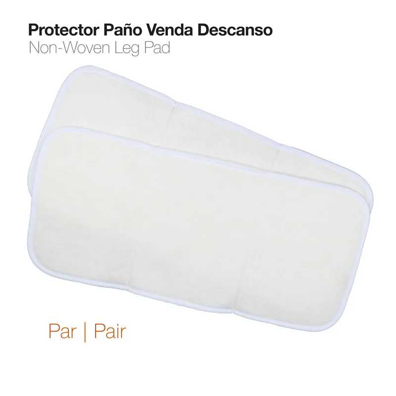 Dois protetores de perna brancos em material não tecido com texto em espanhol e inglês