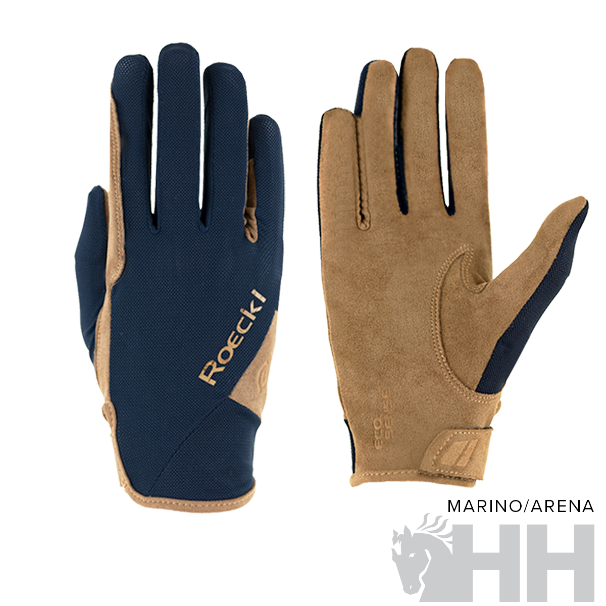 par de luvas azul marinho e castanhas com texto Roeckl