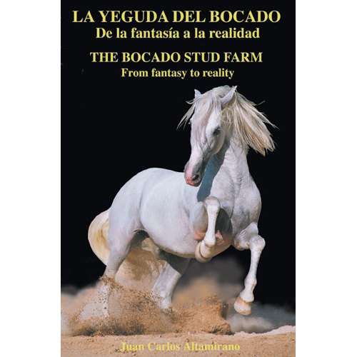 Livro com título bilingue e cavalo branco a galopar na areia
