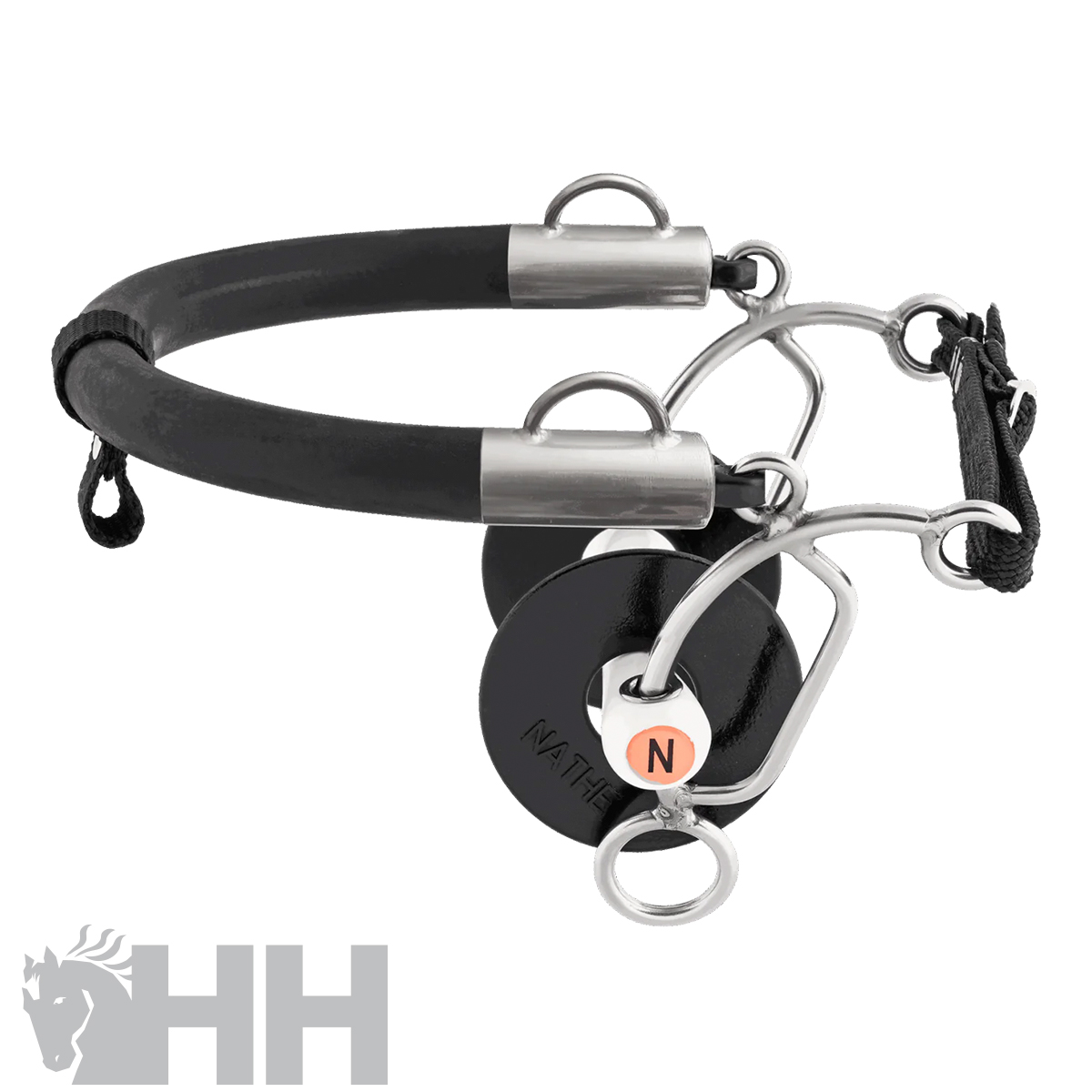 Freio de cavalo em metal prateado e borracha preta com logo HH