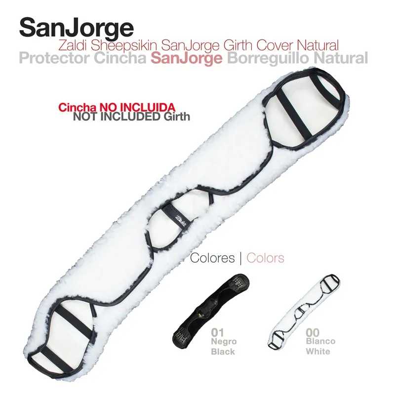 Capa protectora para cincha SanJorge em pele de carneiro com bordas pretas e texto explicativo