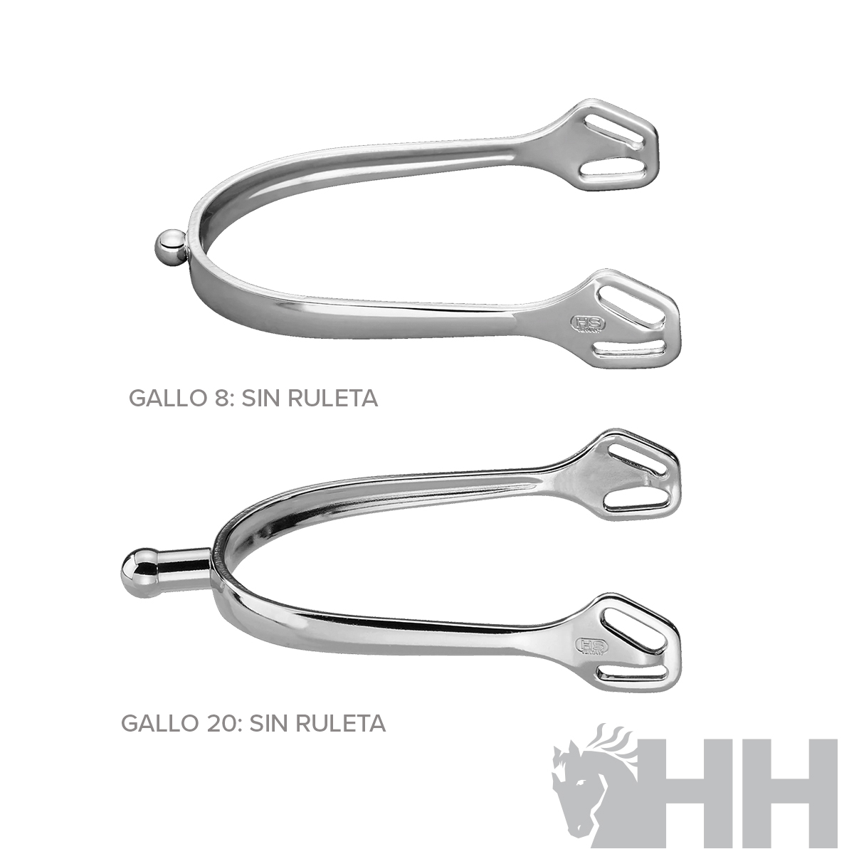 Dois esporas metálicas cromadas com acabamento brilhante, uma com ponta esférica e outra com ponta achatada.