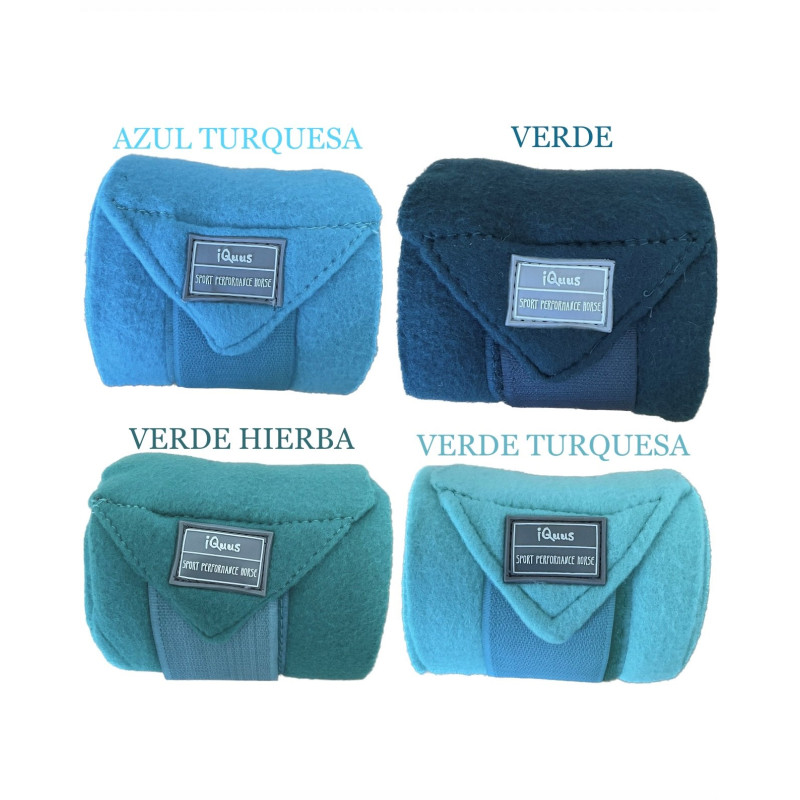 Quatro bandagens desportivas equestres em azul e verde com etiqueta iQeus.