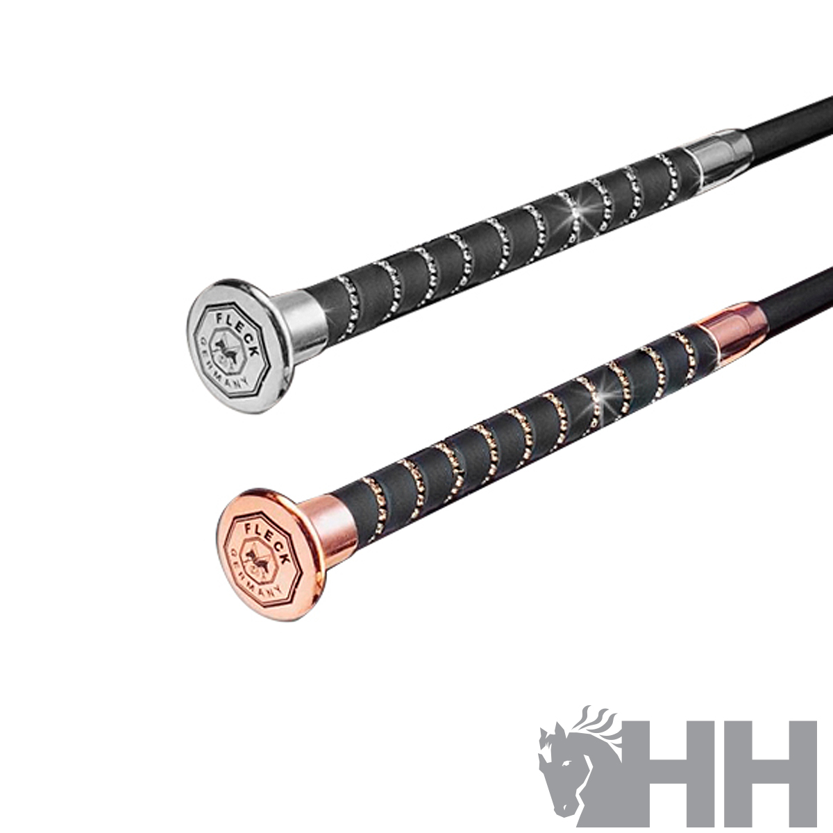 Dois punhos de rédeas de cavalo em metal prata e cobre com couro preto trançado