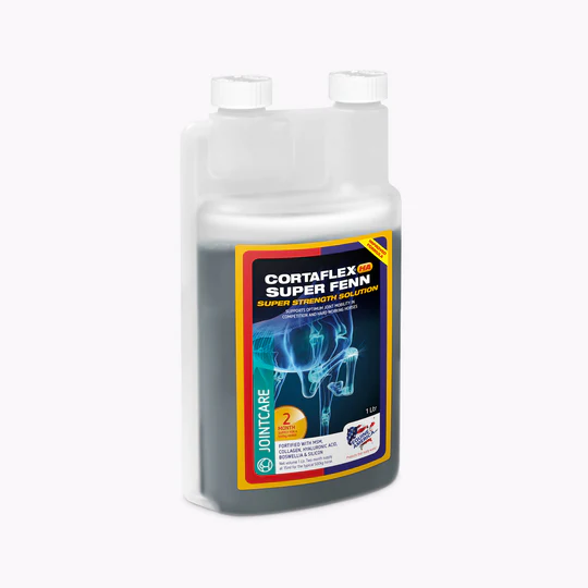 Recipiente plástico com liquid preto e rótulo colorido de produto de saúde articular
