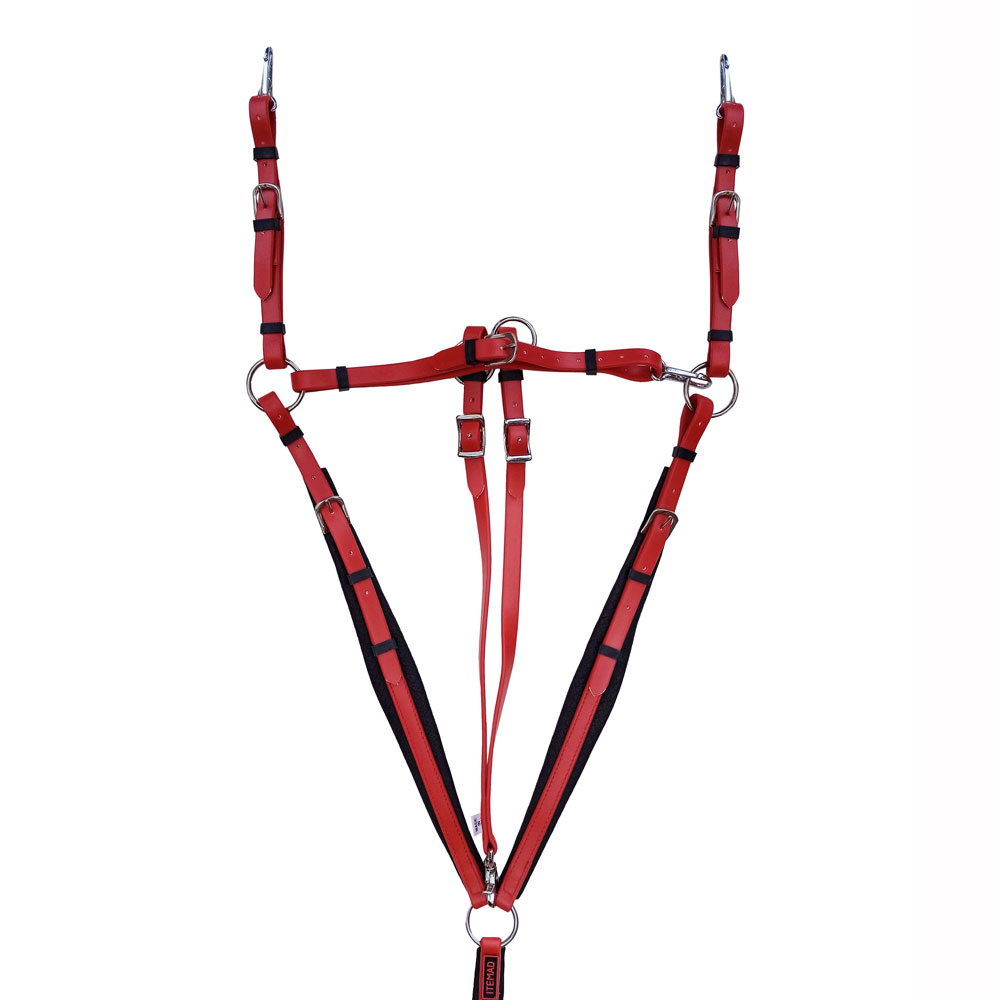 Arnês para animal vermelho e preto com fivelas metálicas