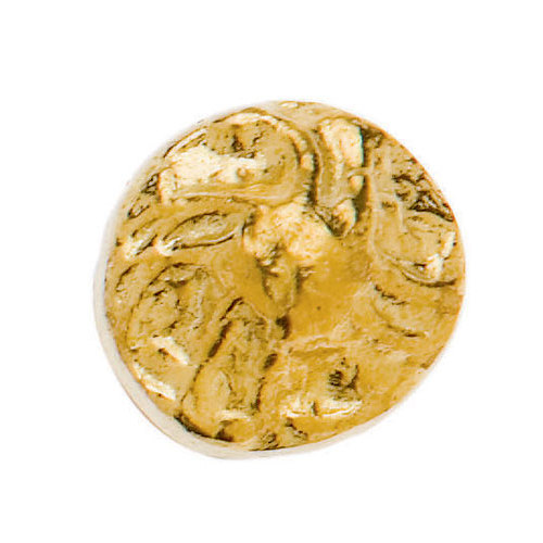 Moeda antiga dourada com padrão circular e desgastes visíveis