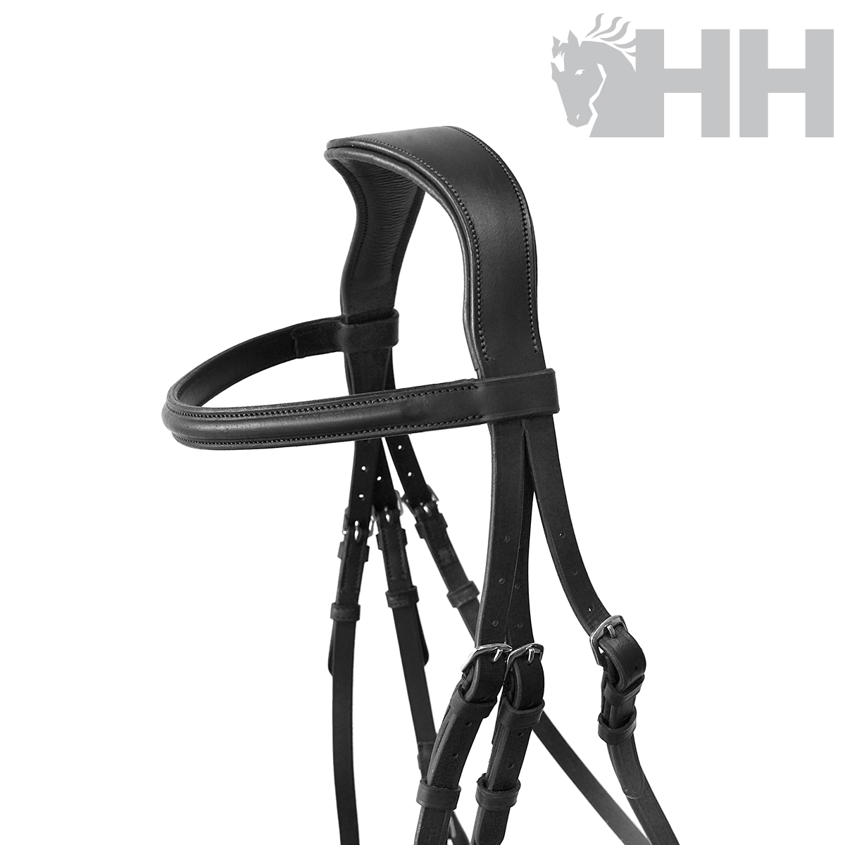 Bridão de couro preto acolchoado com fivelas metálicas e alças ajustáveis