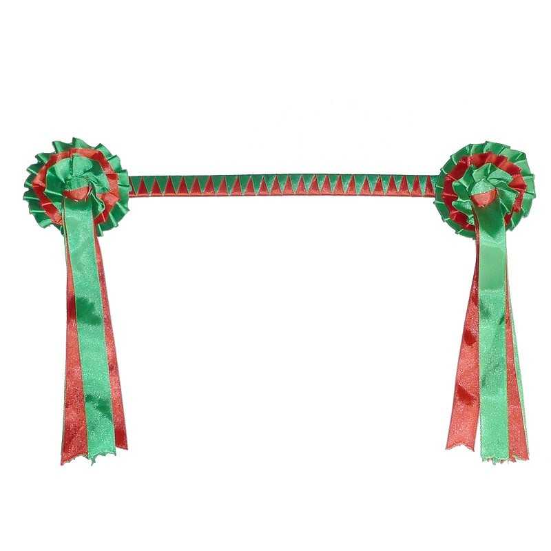 faixa decorativa verde e vermelha com laços e padrão triangular