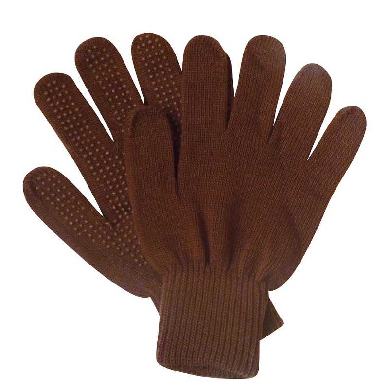 Luvas castanhas com pontos antiderrapantes no interior, em fundo branco.