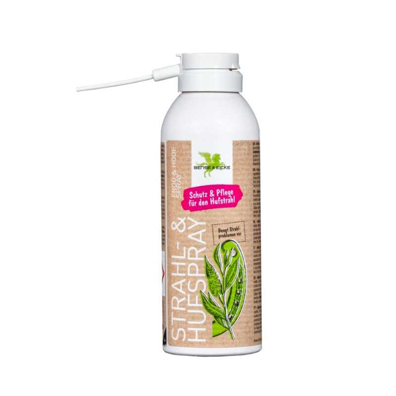 Spray para pelos e pele com rótulo bege e imagem de folhas verdes