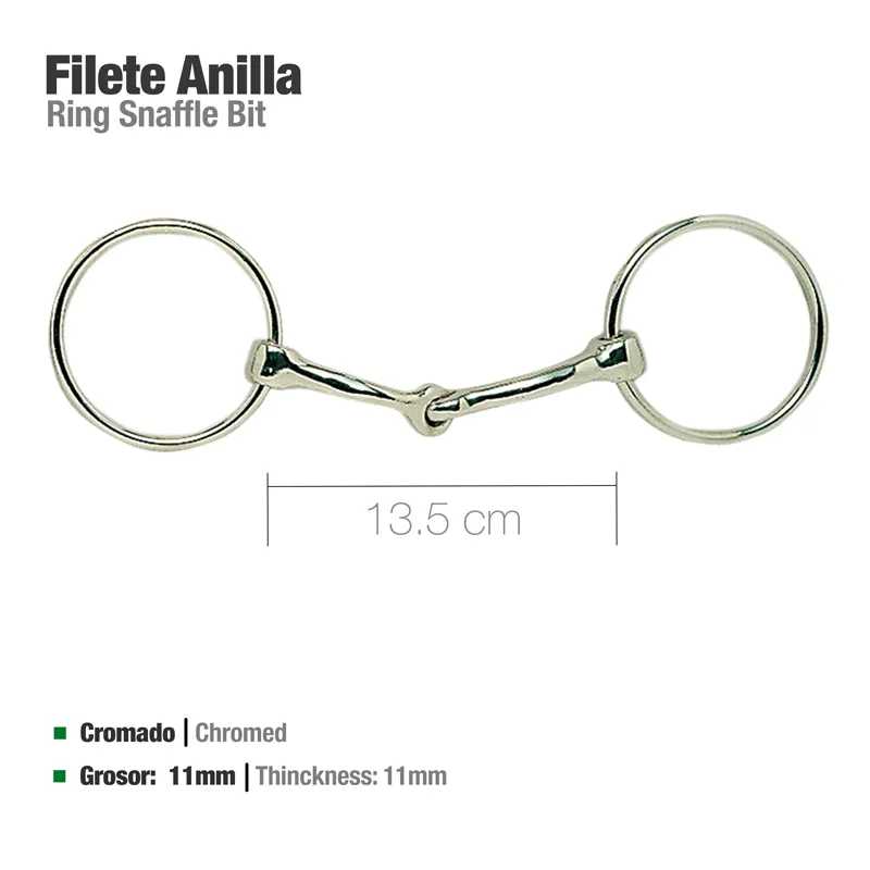 Filete anilla cromado para cavalo com dois anéis circulares e texto informativo