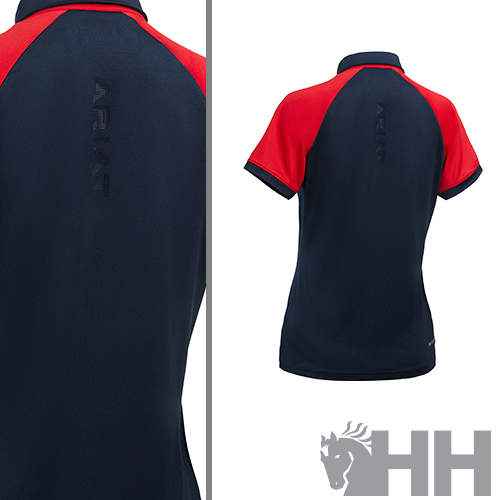 Camisola desportiva azul-escuro e vermelha com texto ARCT nas costas