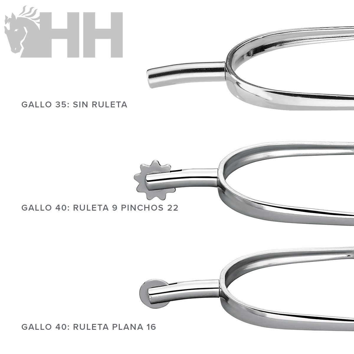 Três esporas metálicas cromadas HH com diferentes rodas na extremidade e texto descritivo