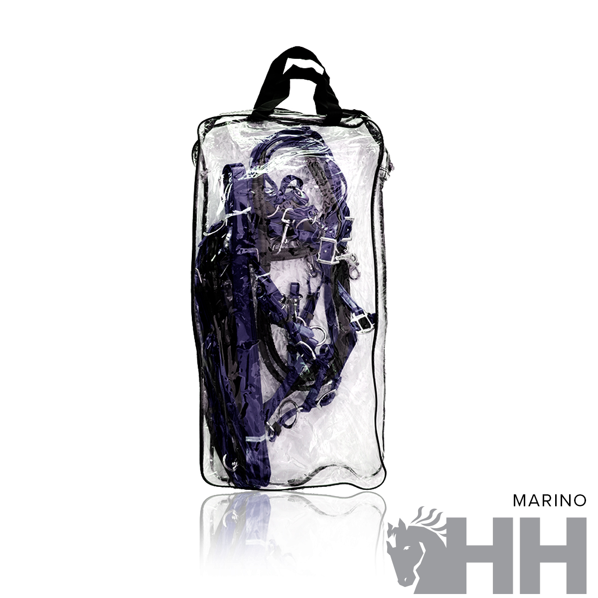 Estojo transparente com arreios de equitação roxos e fivelas metálicas