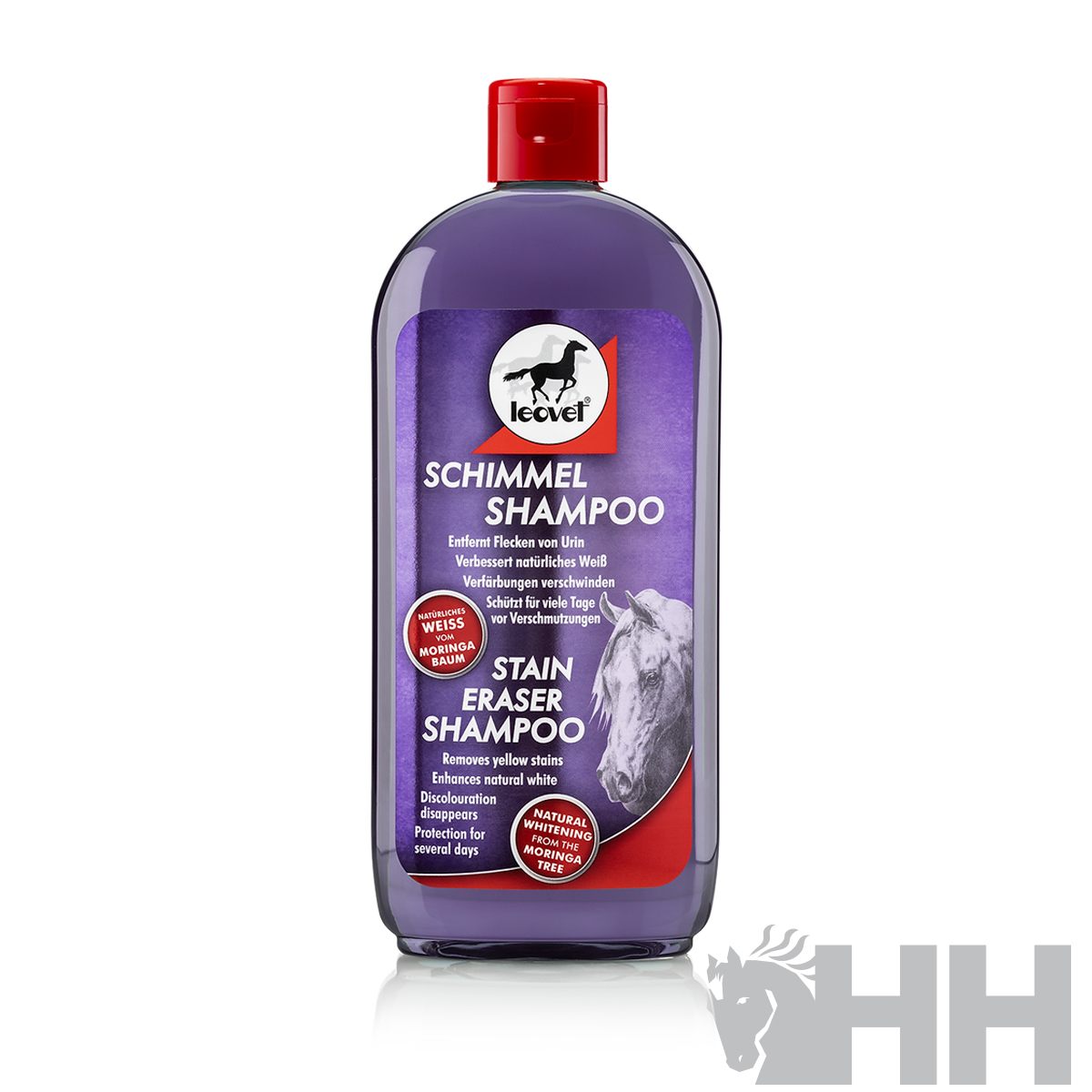 Frasco roxo de shampoo Leovet com tampa vermelha e etiqueta com cavalo e texto em alemão e inglês