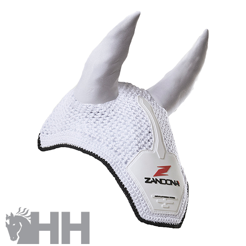 Touca para cavalo branca com orelhas em tecido tricotado e couro, com logotipo ZANDONA