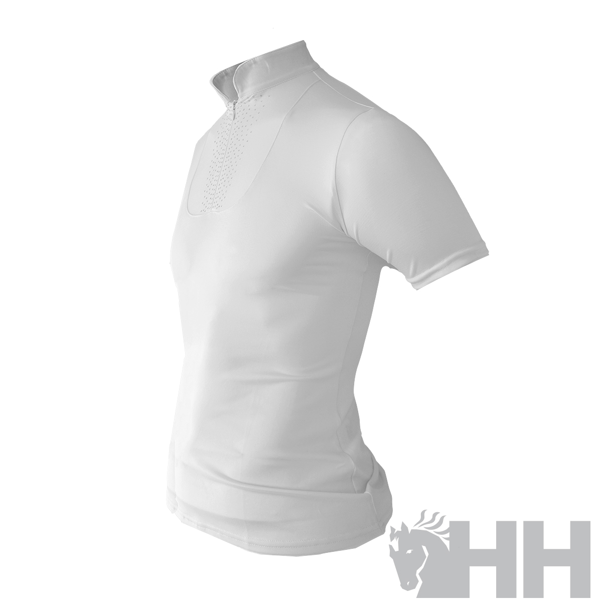 Camisola branca de manga curta com gola alta e detalhe texturizado