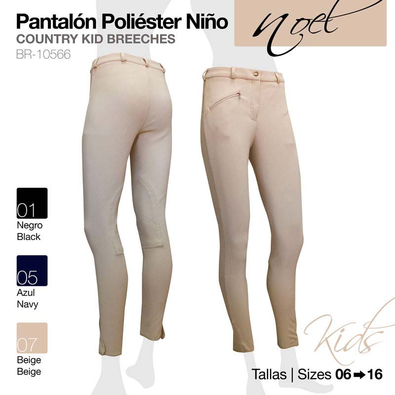 Calças bege para criança em poliéster, vista frontal e traseira, texto com cores e tamanhos disponíveis