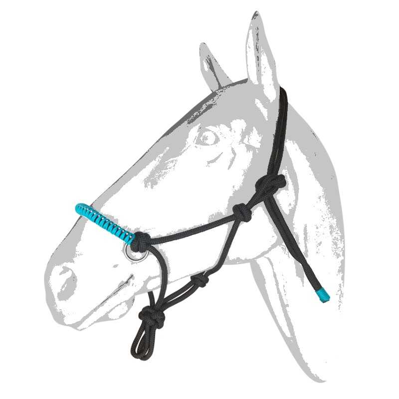 Cabeçada preta com detalhes azuis para cavalo, feita de corda têxtil.
