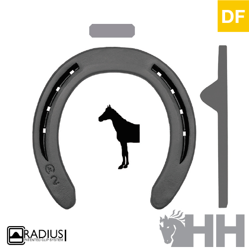 Ferradura cinza com cavalo preto central e logótipos RADIUS e HH